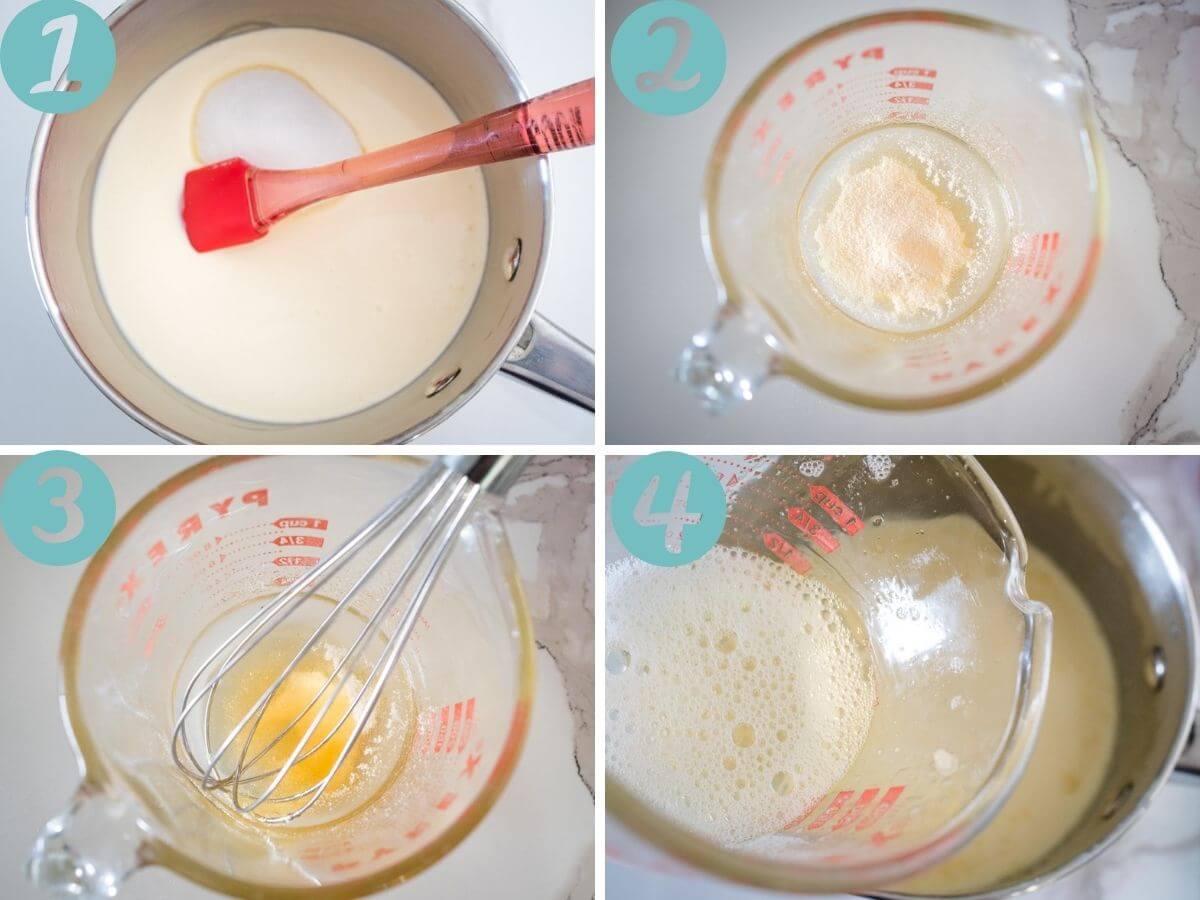 steps: mixing milk, cream and vanilla and sugar, mixing gelatine and water, whisking the gelatine, combining the two mixes