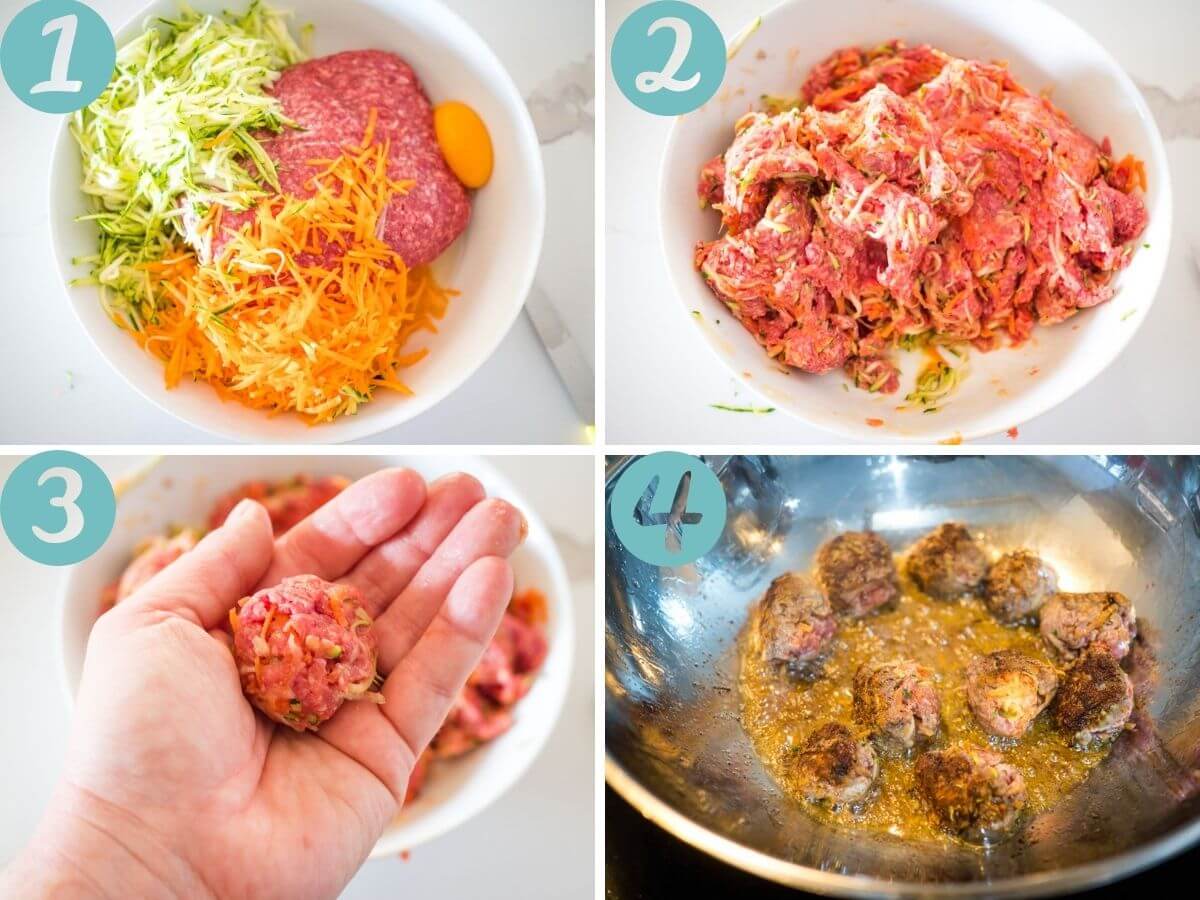 Process: making the meatballs, frying the meatballs