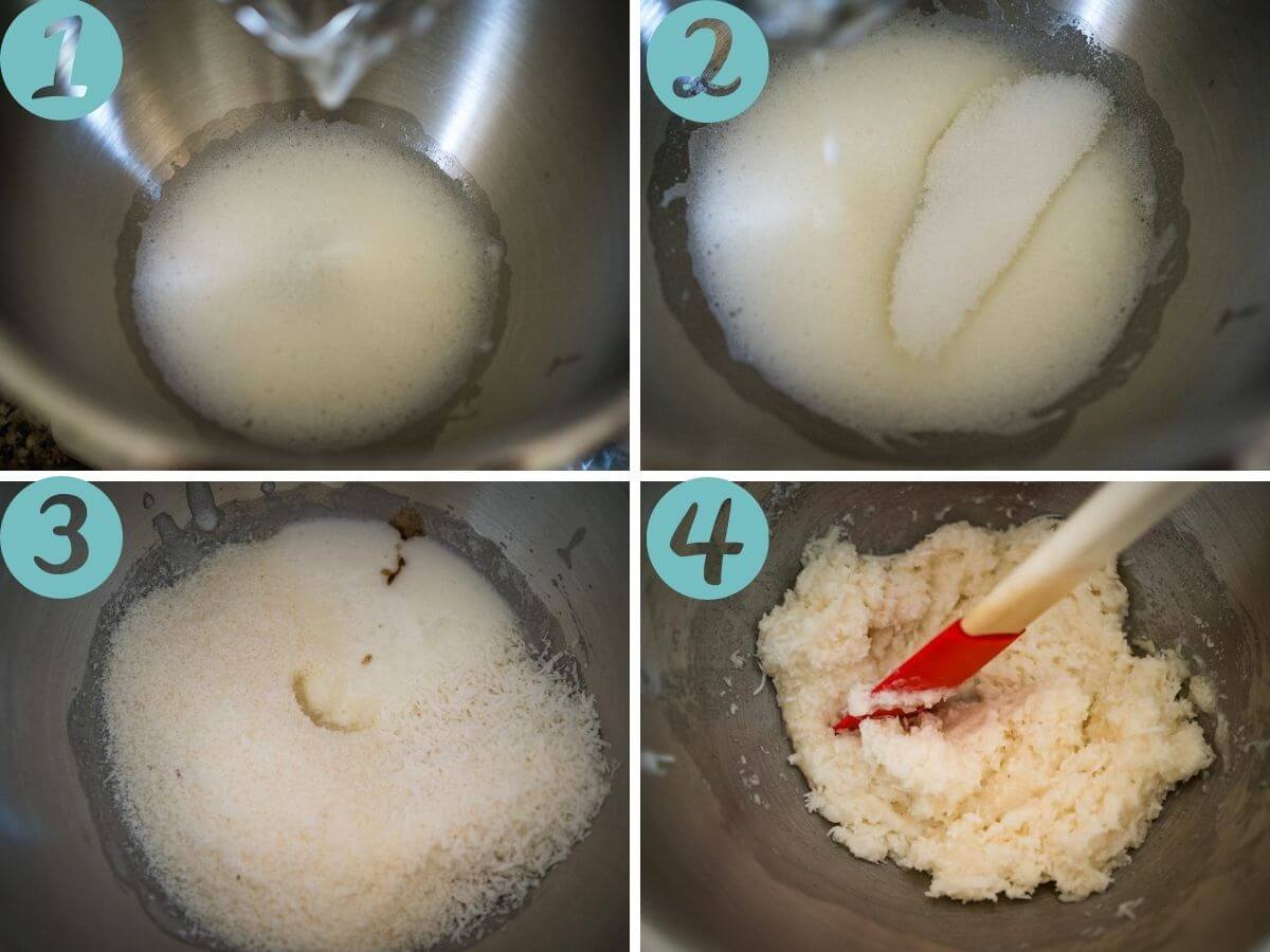 whisking egg whites, adding sugar, adding all other ingredients, mixing together