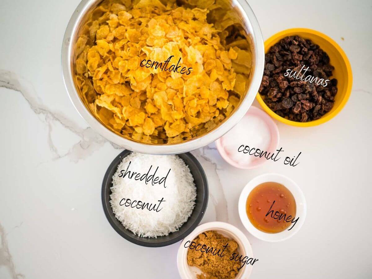 Healthier Honey Joys: cornflakes, sultanas, shredded coconut, coconut oil, honey, coconut sugar