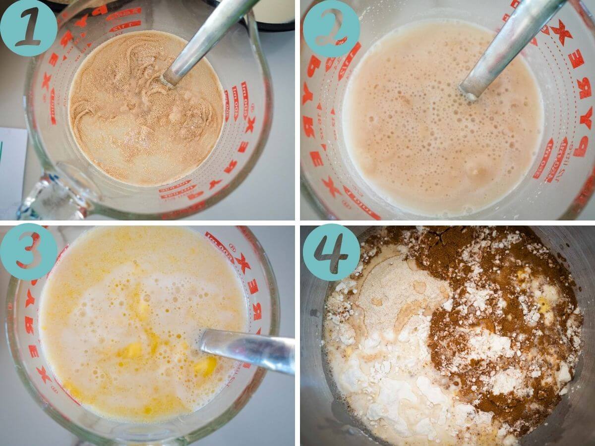 yeast mixed with water and sugar, yeast mix when frothy, yeast mix with butter and milk in it, flour, cinnamon and the yeast mixture
