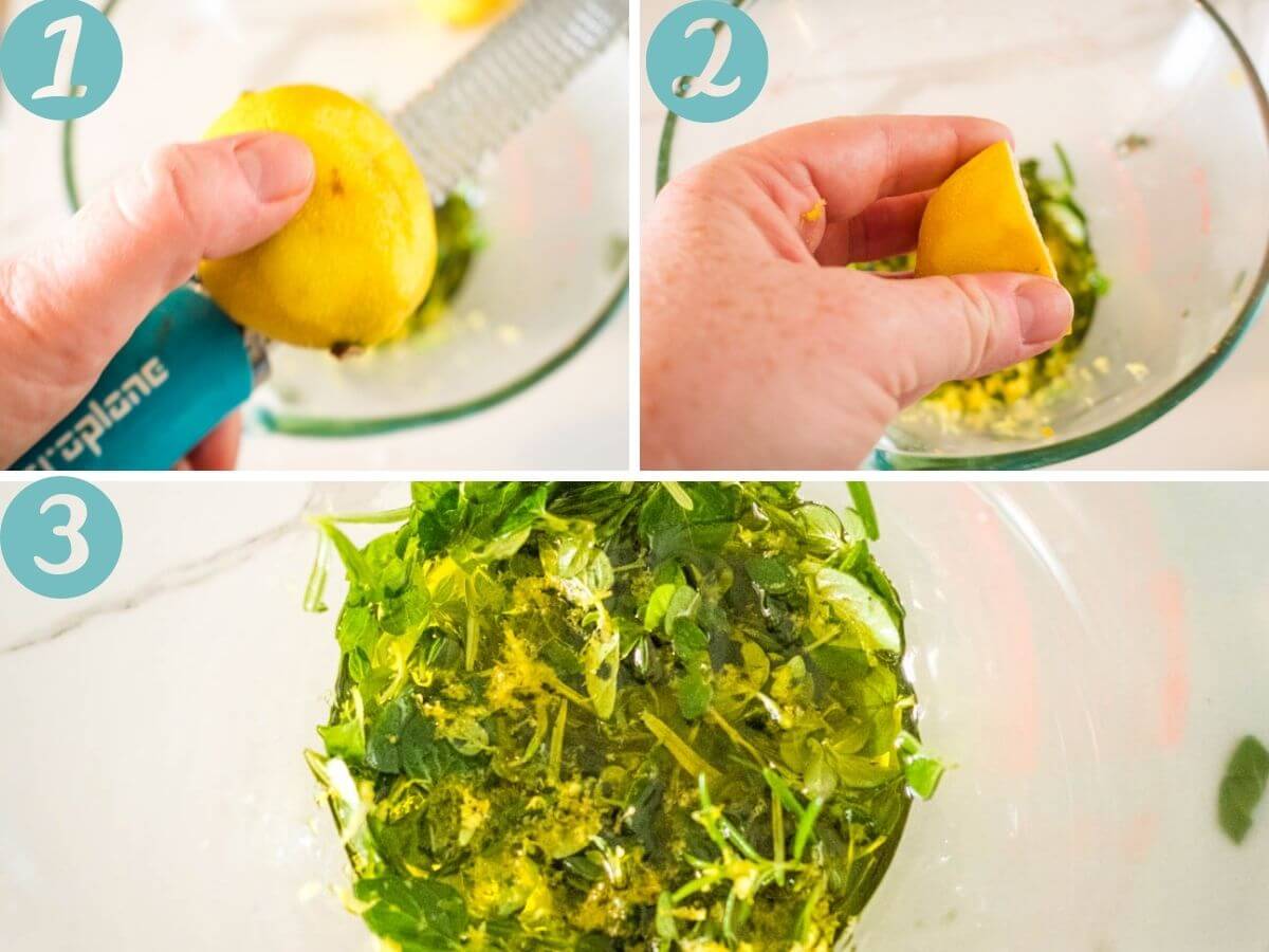 zesting the lemon, juicing the lemon and mixing the marinade.