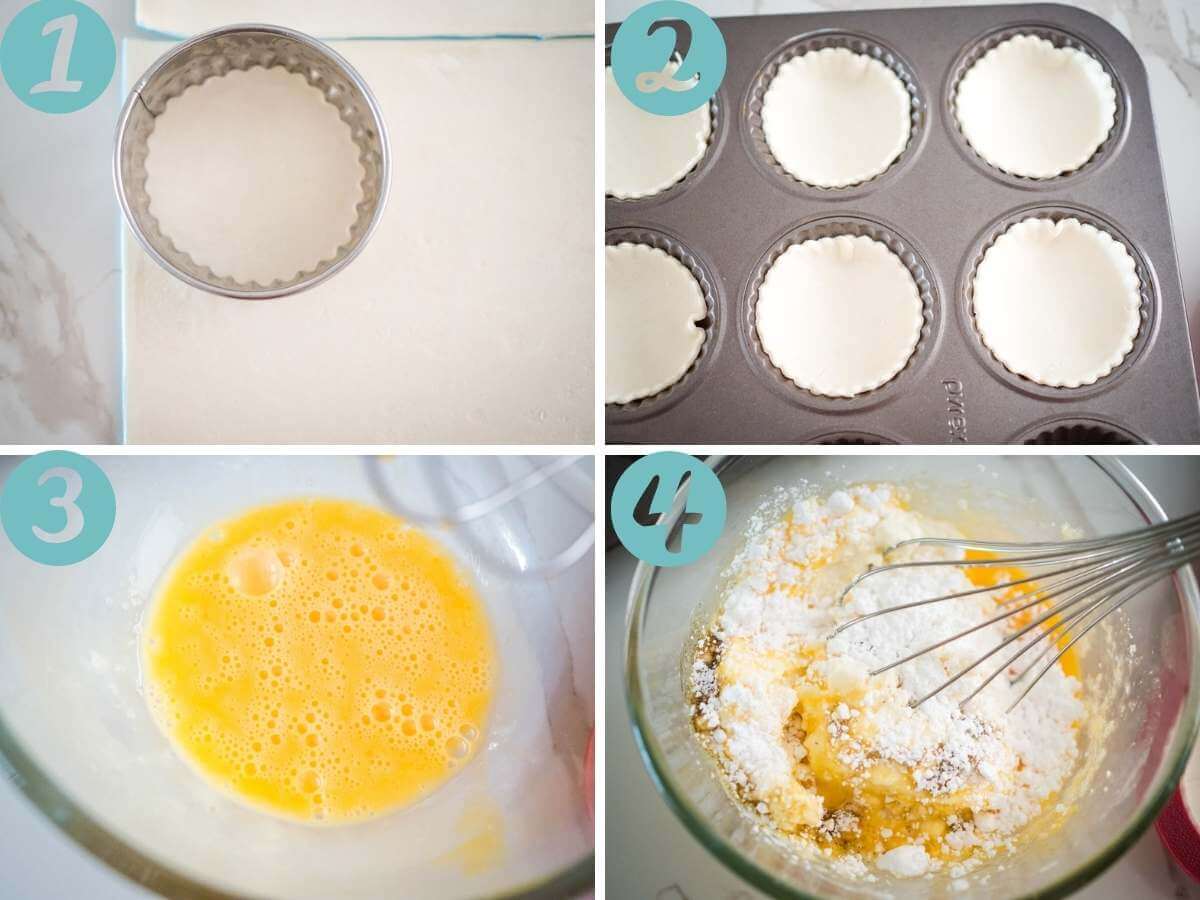 process: ciutting pastry, putting in muffin tin, whisking egg, whisking filling