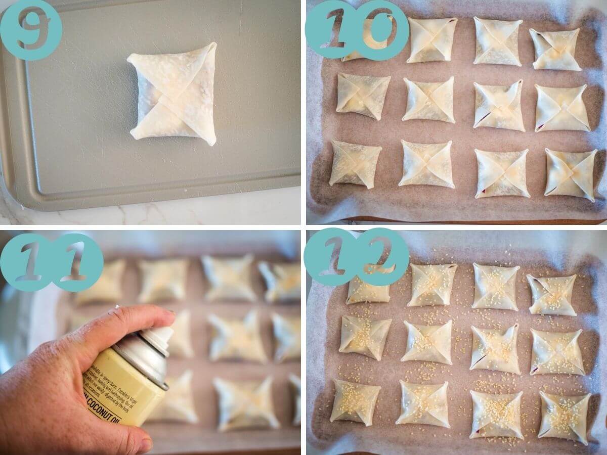 Folded wonton, wontons on a tray, spraying with olive oil, sprinkling with sesame seeds
