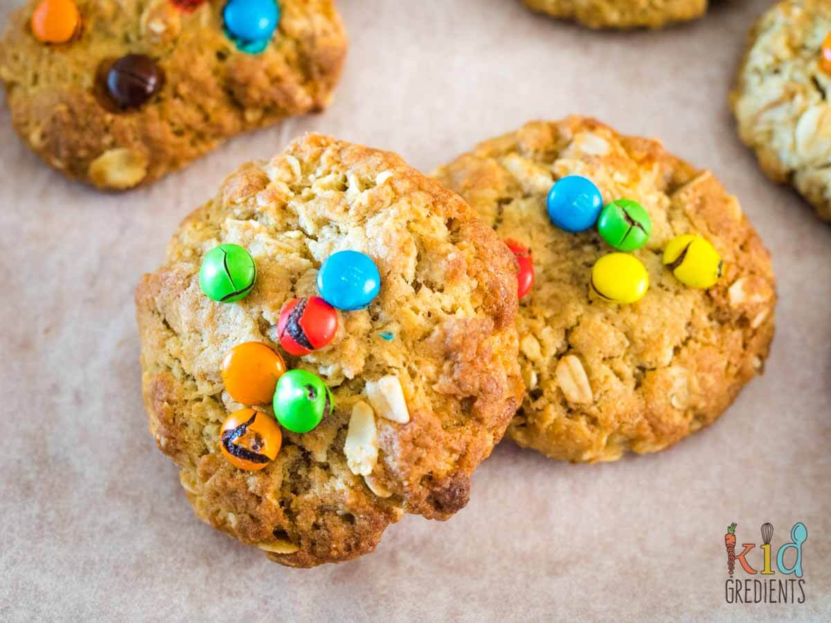 close up of two Oatmeal M&M Cookies