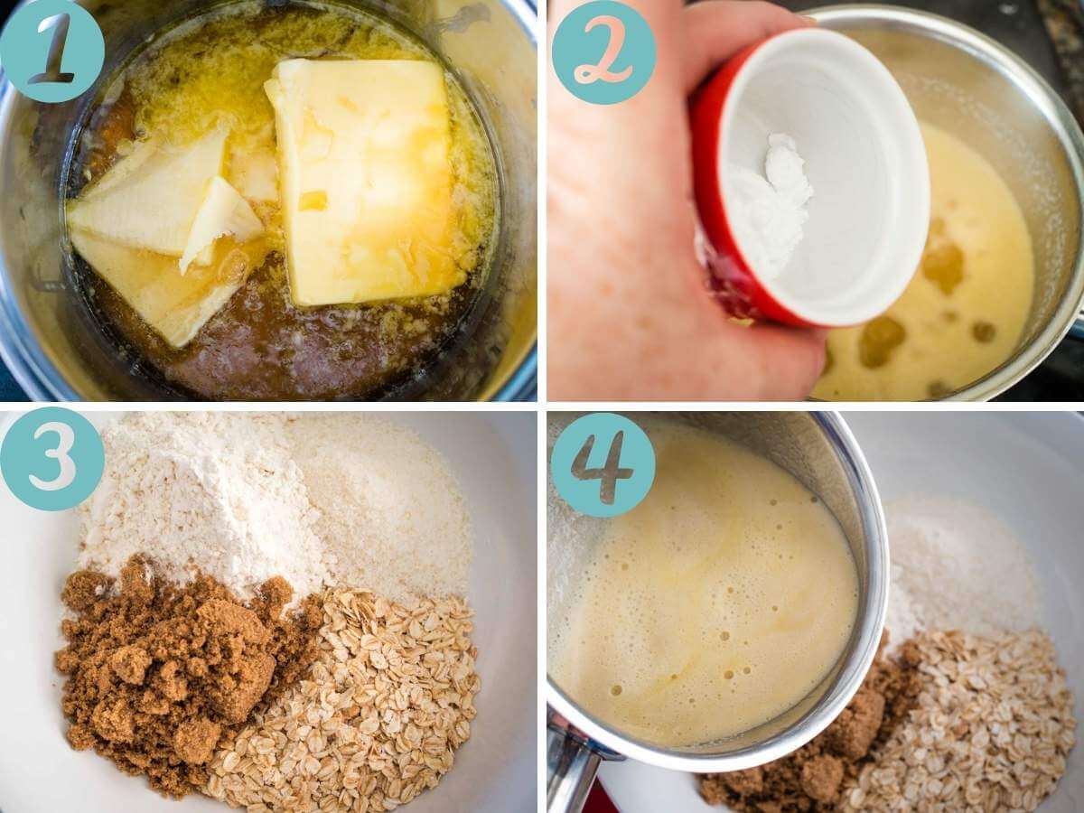 melting butter and golden syrup, bicarb soda being added, dry ingredients in a large bowl, adding wet ingredients