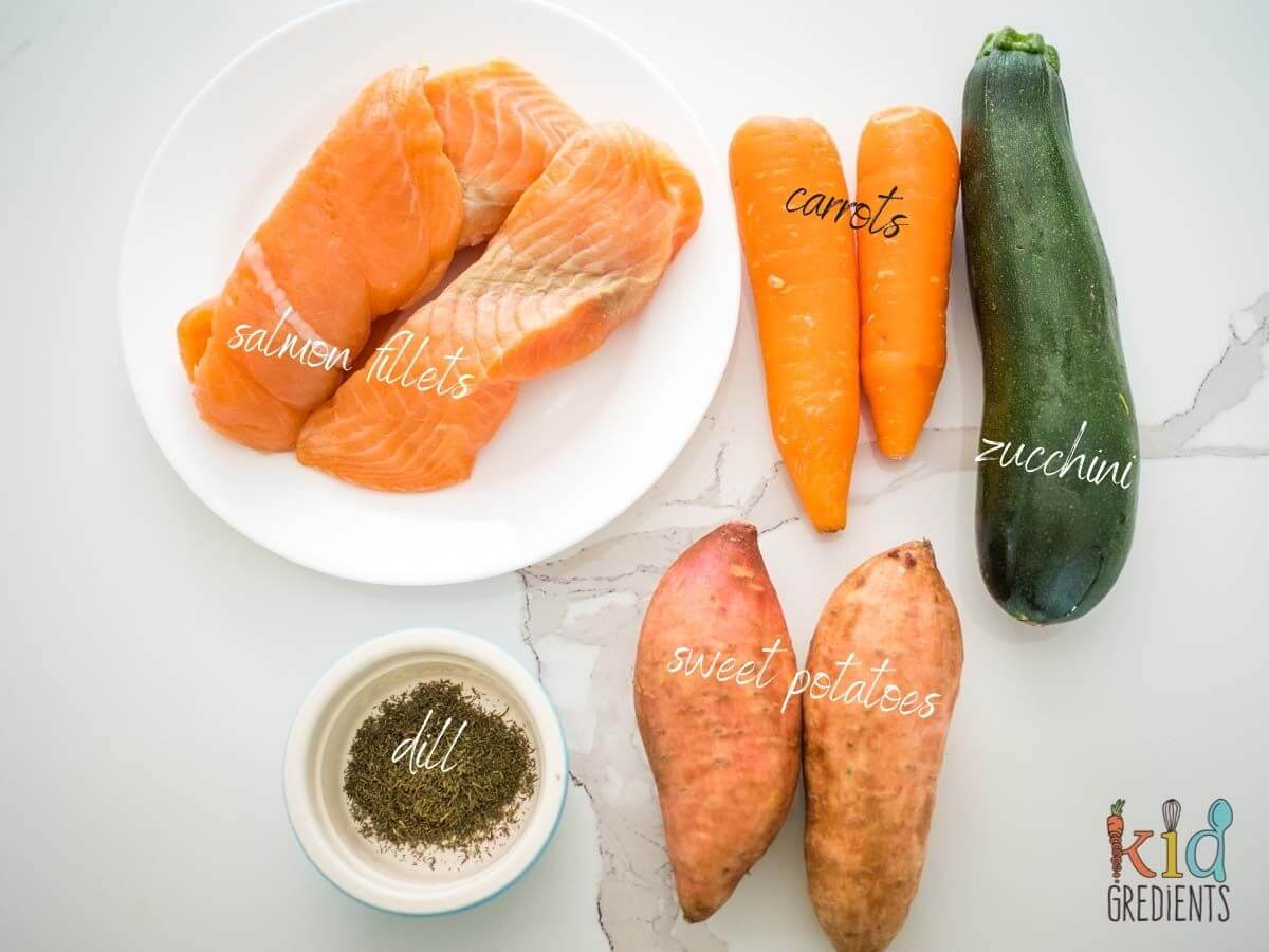 Ingredients for Salmon and Veggie Balls: salmon, carrots, zucchini, sweet potatoes and dill