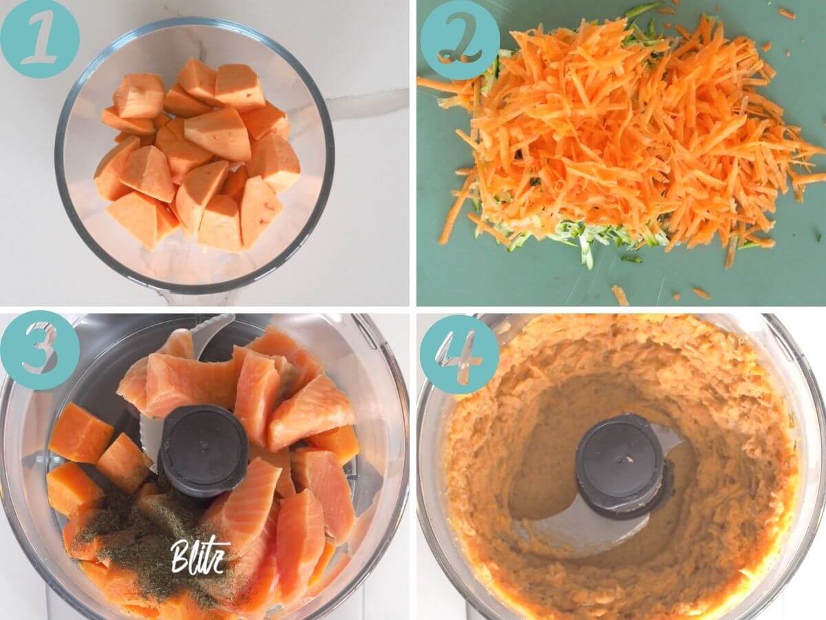 cooking sweet potato, grating veggies, blitzing salmon and dill, making a smooth paste