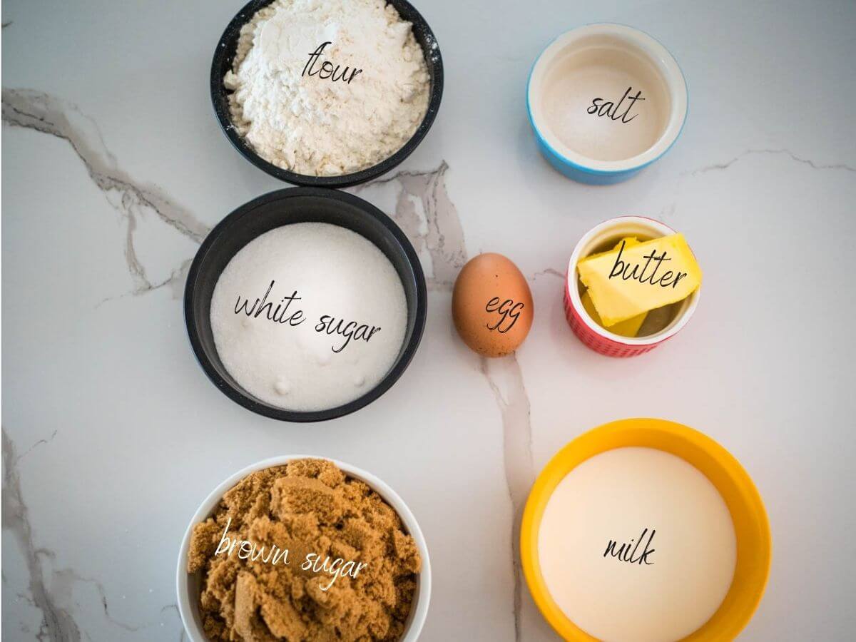 Ingredients for baked Caramel Pudding: butter, milk, sugar, self-raising, flour, brown sugar, egg, white sugar and salt