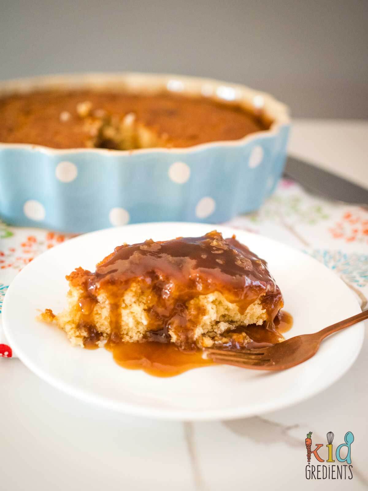 Baked Caramel Pudding on a plate and in the dish
