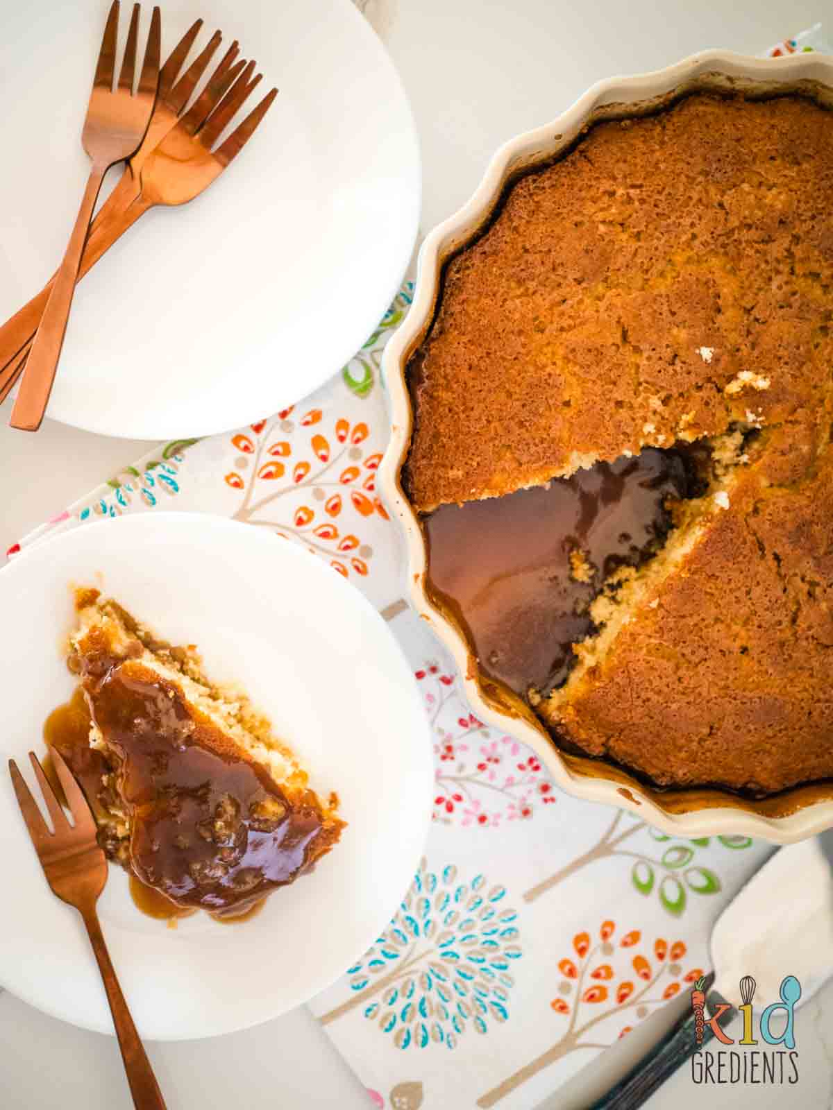 Baked Caramel Pudding on a plate and in the pie dish