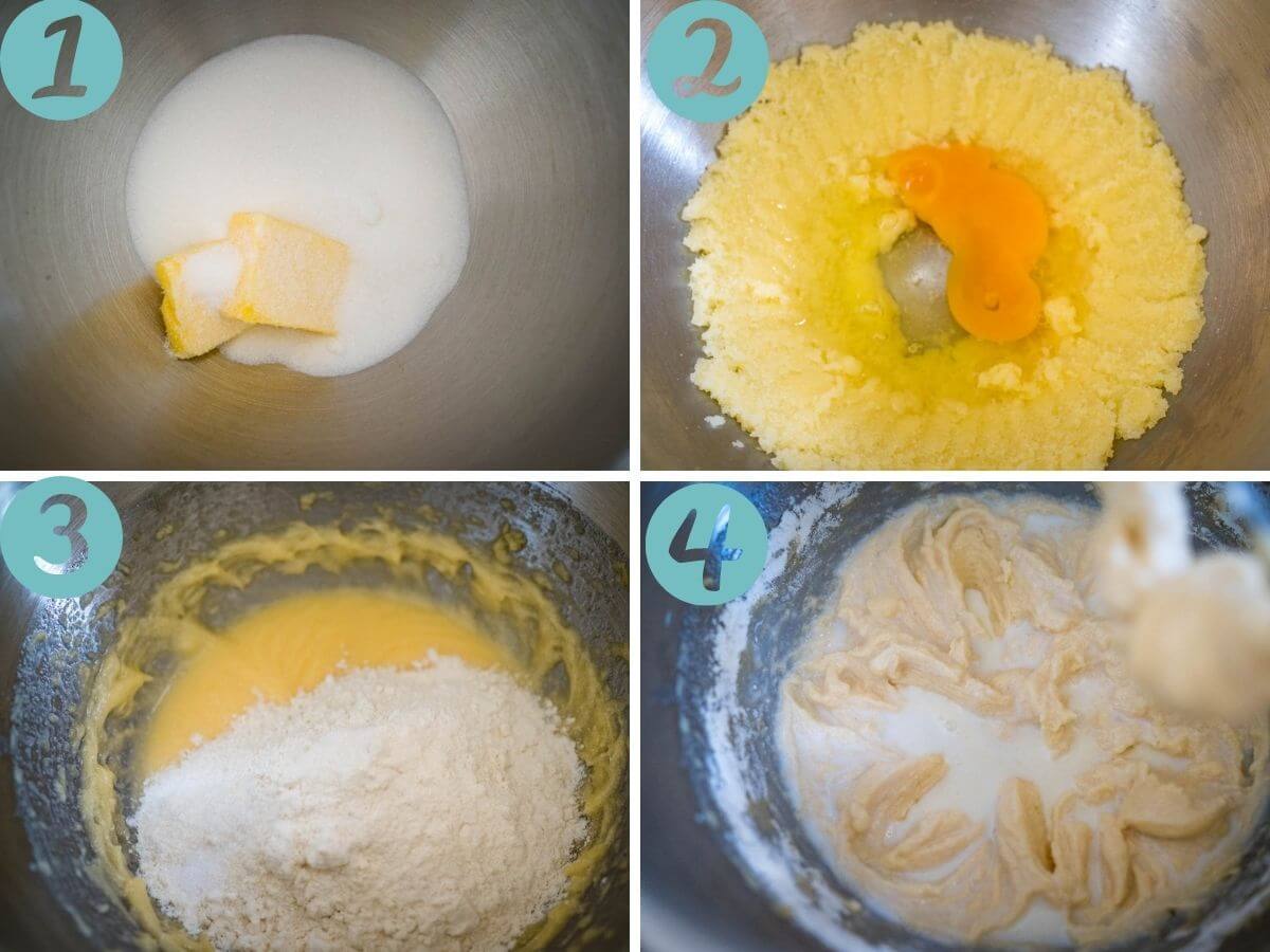 creaming the butter and sugar, adding egg, adding flour, adding milk