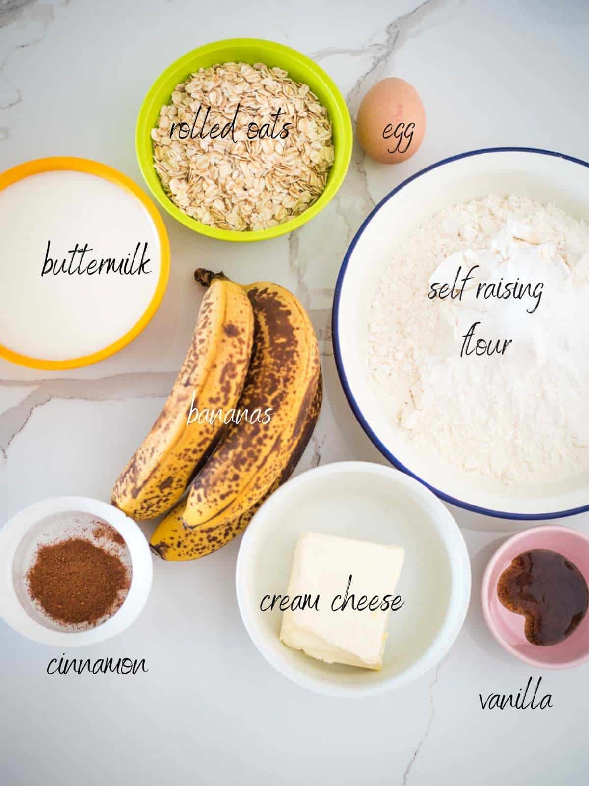 ingredients: bananaa, buttermilk, cream cheese, self raising flour, vanilla, egg, cinnamon