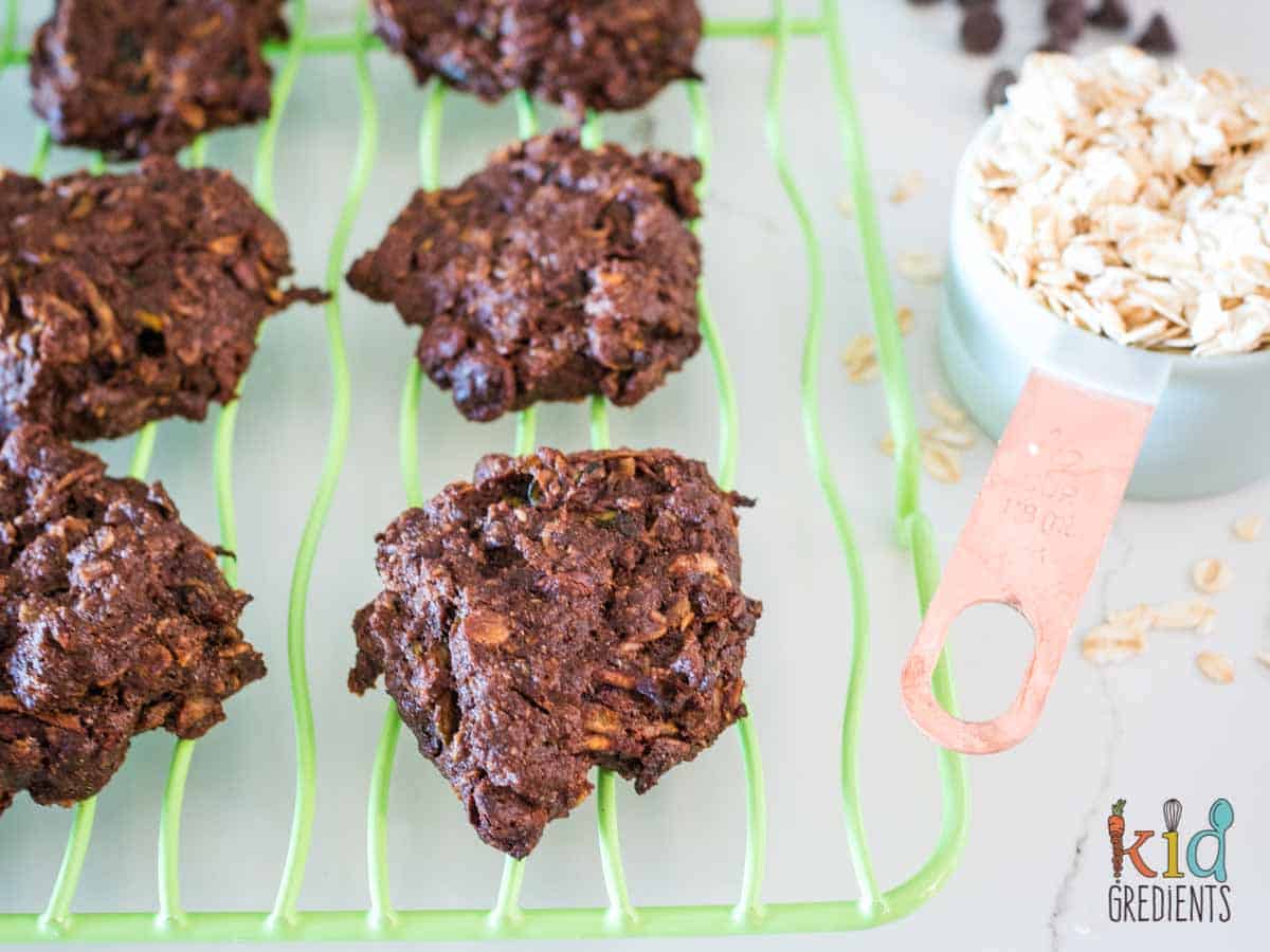 close up of Chocolate Zucchini Cookies on a wire rack