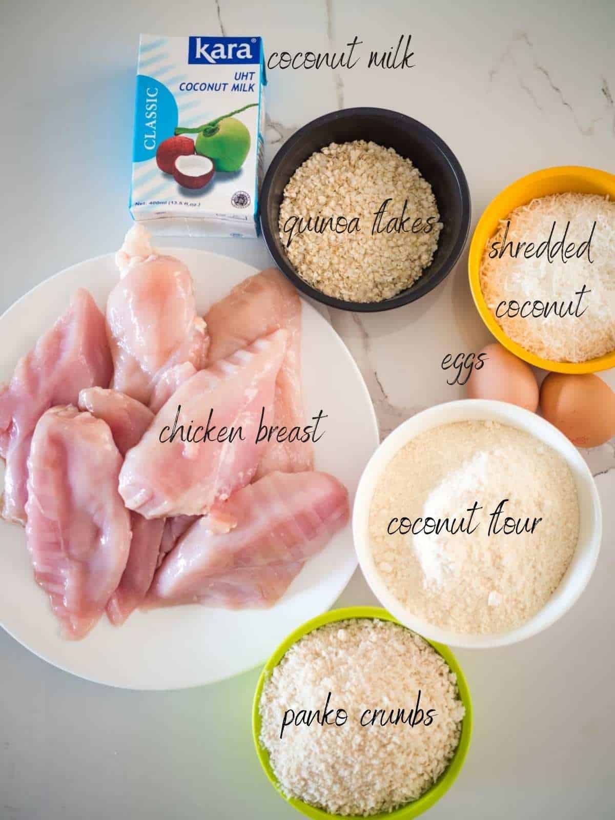 Ingredients: chicken, coconut milk, coconut flour, shredded coconut, eggs, gluten free panko crumbs