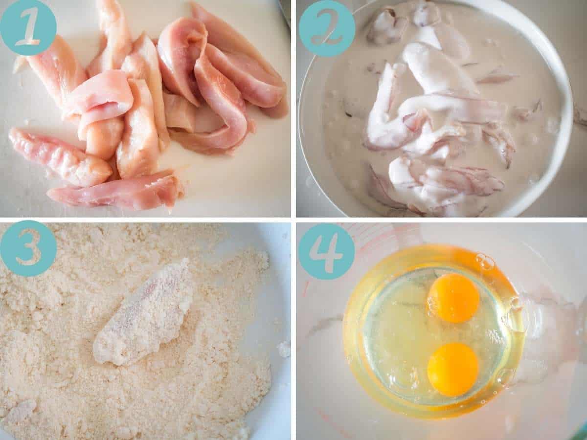 chopping the chicken, marinating the chicken, coating in coconut flour, mixing the eggs and water