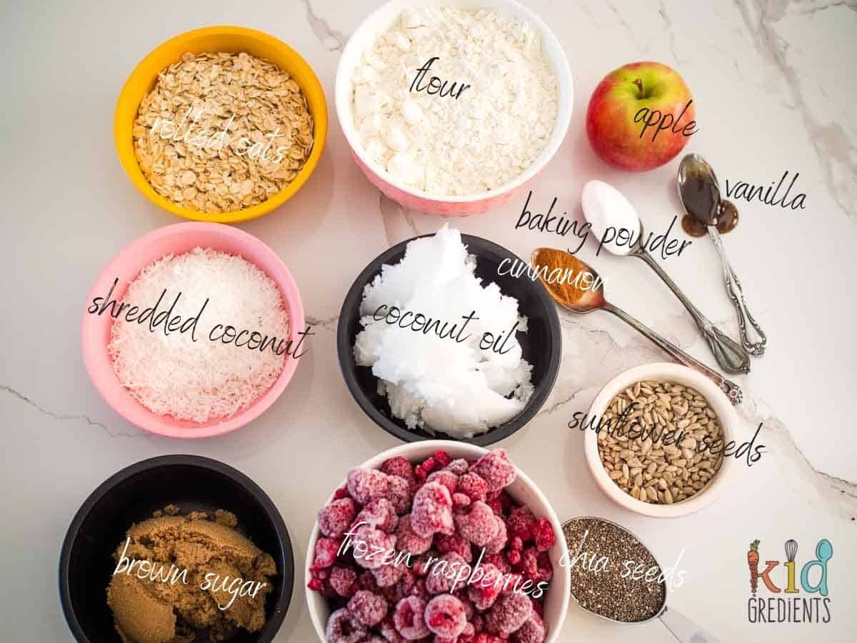Ingredients for Healthy jam bars: brown sugar, frozen raspberries, chia seeds, sunflower seeds, coconut oil, shredded coconut, cinnamon, baking powder, vanilla, apple, flour and rolled oats