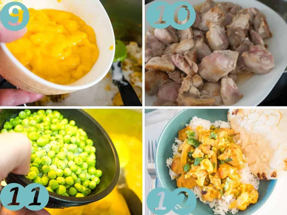 adding the mango puree, putting the chicken back in, adding the peas, presentation ideas