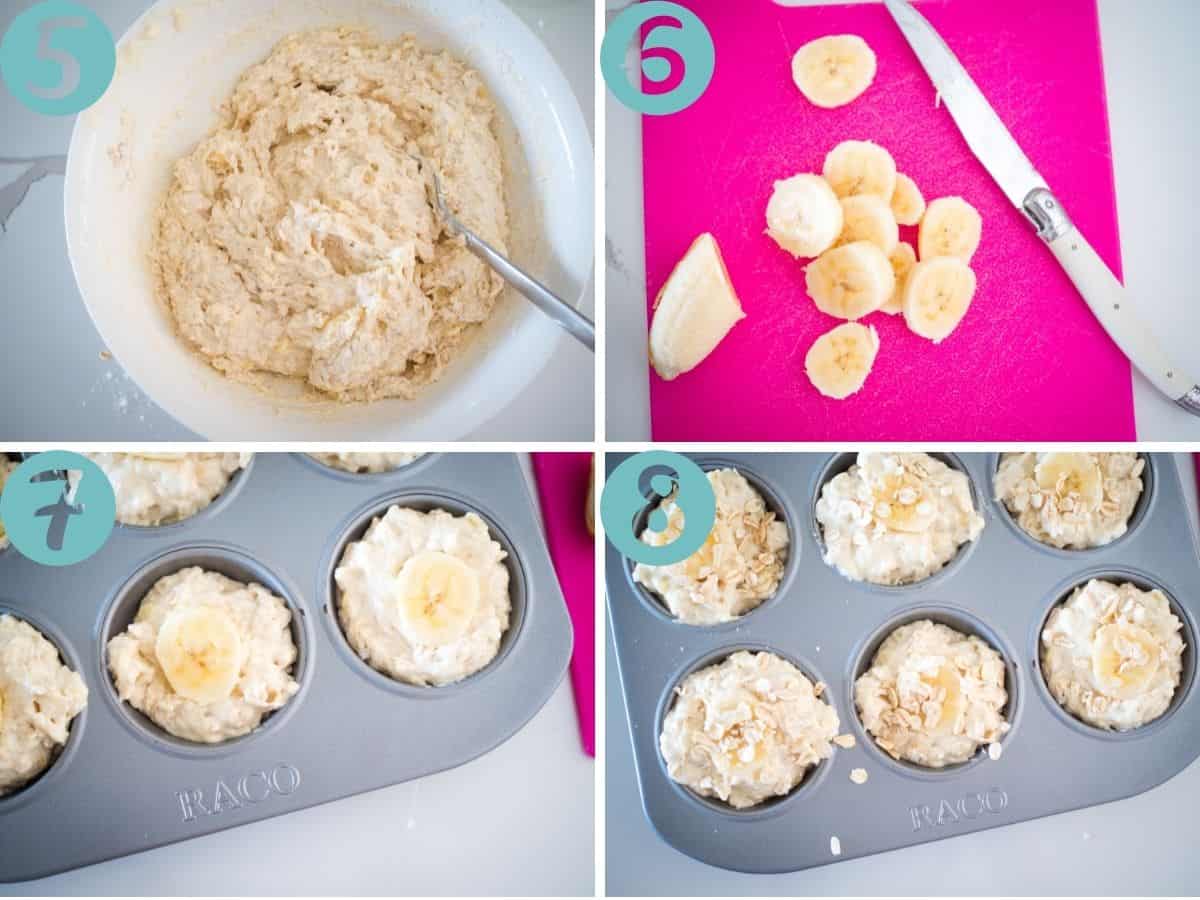 Mixing the wet and dry ingredients, slicing bananas, muffins in the holes, topped with banana slices, and sprinkled with oats
