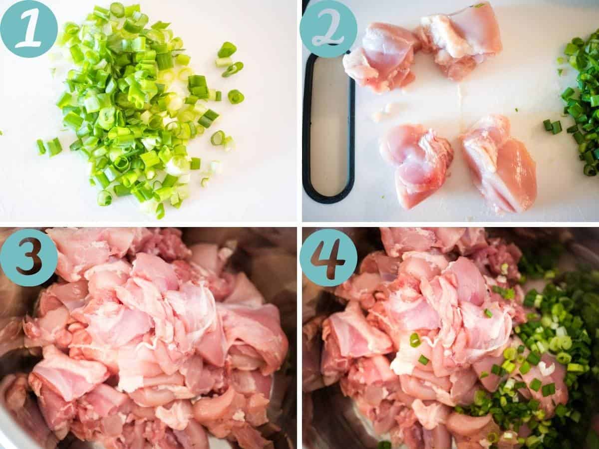 chopping spring onions, chopping the chicken thighs, loading thighs into slow cooker, adding springonions