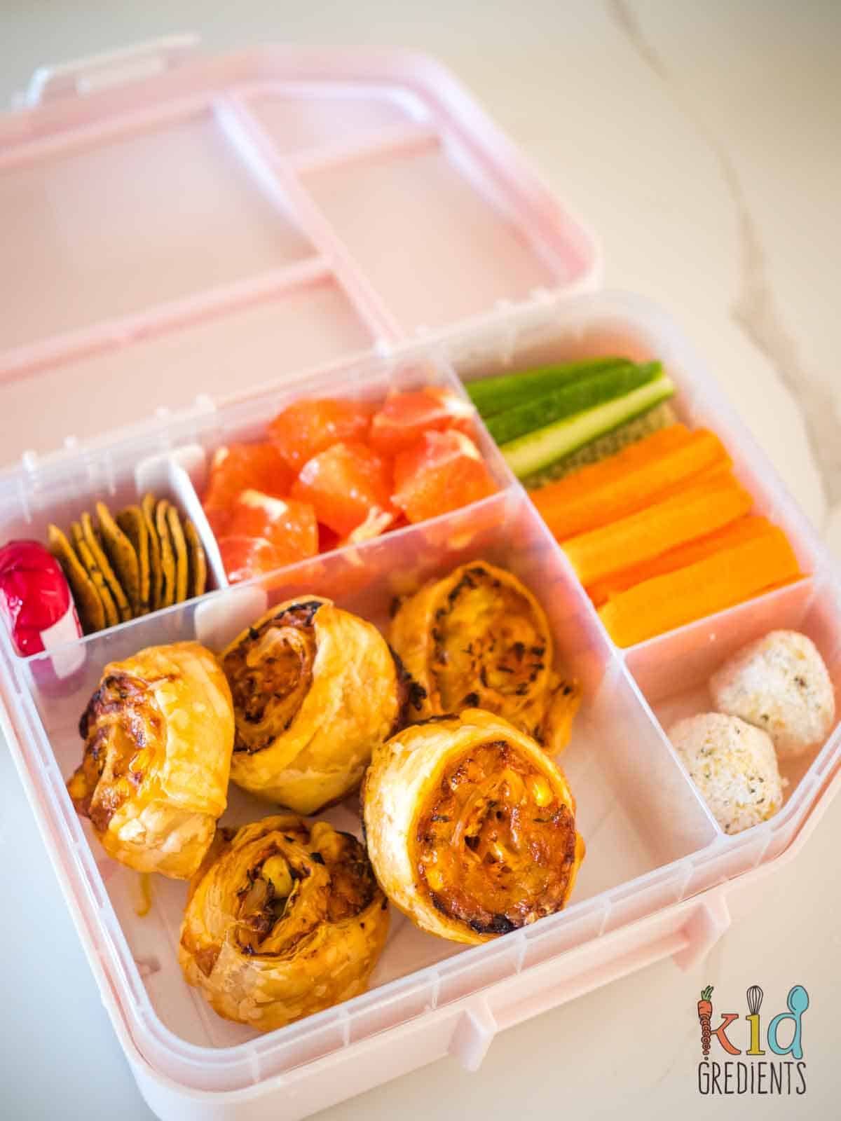 three veg lunchbox scrolls in a lunchbox