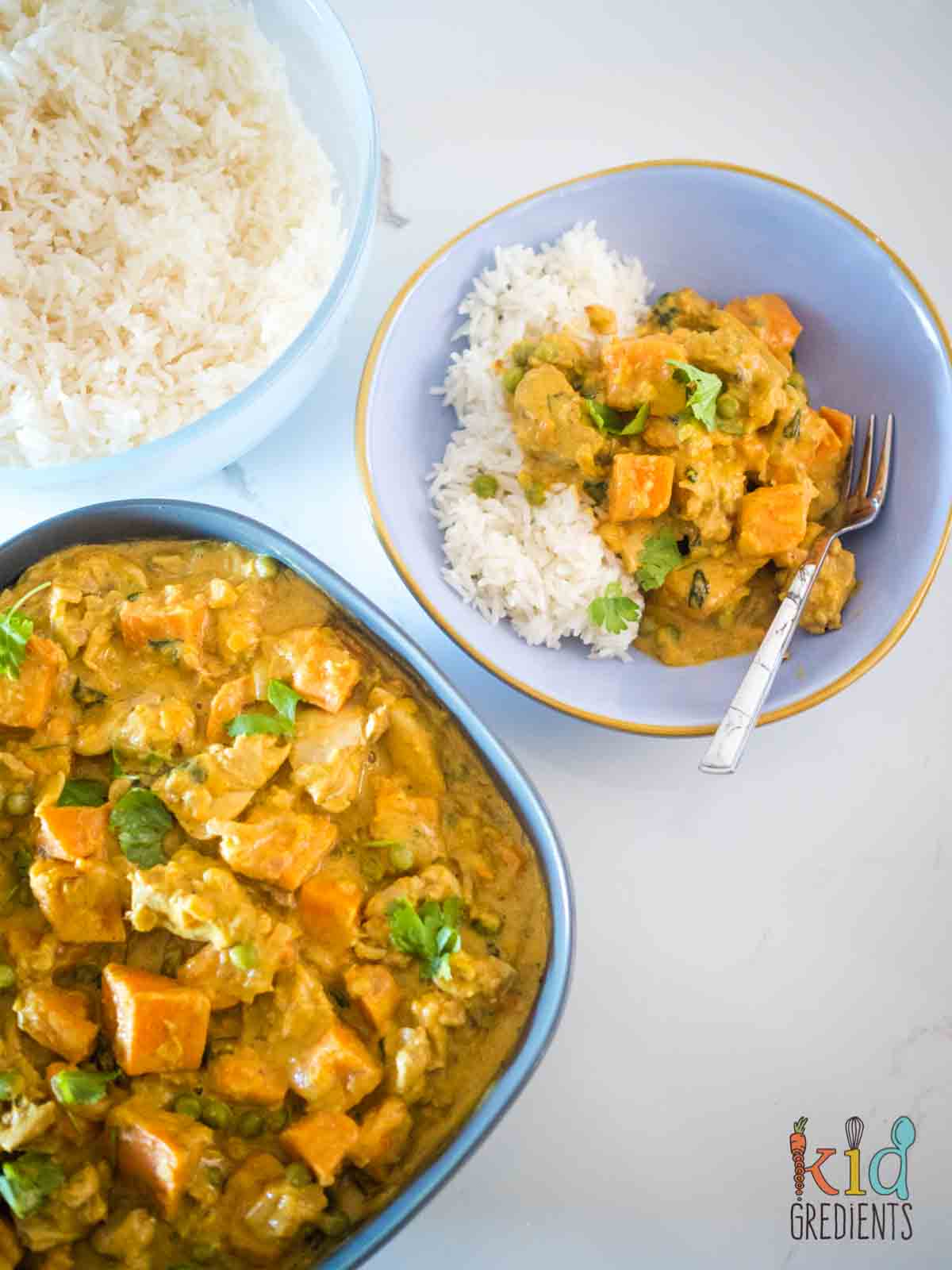 Chicken and Coconut Curry with Sweet Potato in a bowl and in a bowl with rice