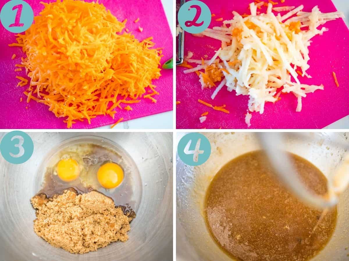 grated carrot, grated apple, eggs, sugar and coconut oil, mixing