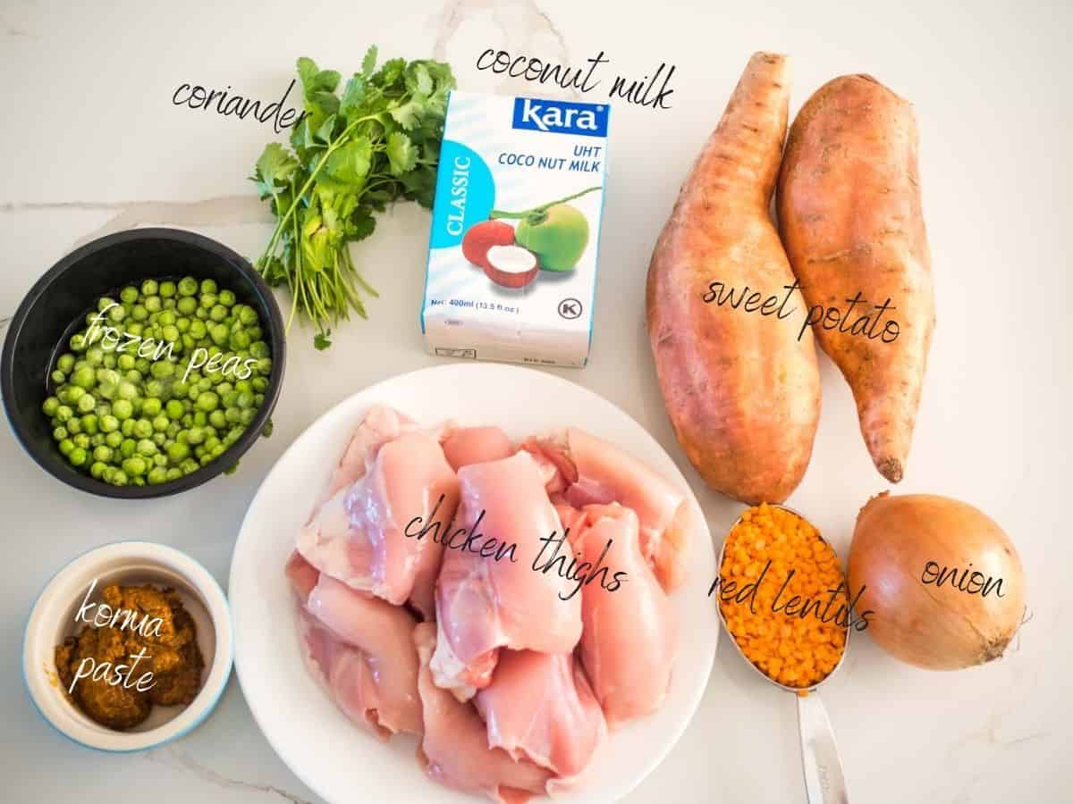 Ingredients for Chicken and Coconut Curry with Sweet Potato: chicken, red lentils, sweet potato, korma paste, frozen peas, coriander, coconut milk