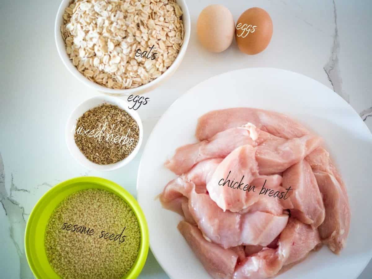 ingredients: chicken breast, sesame seeds, eggs, mixed herbs and rolled oats
