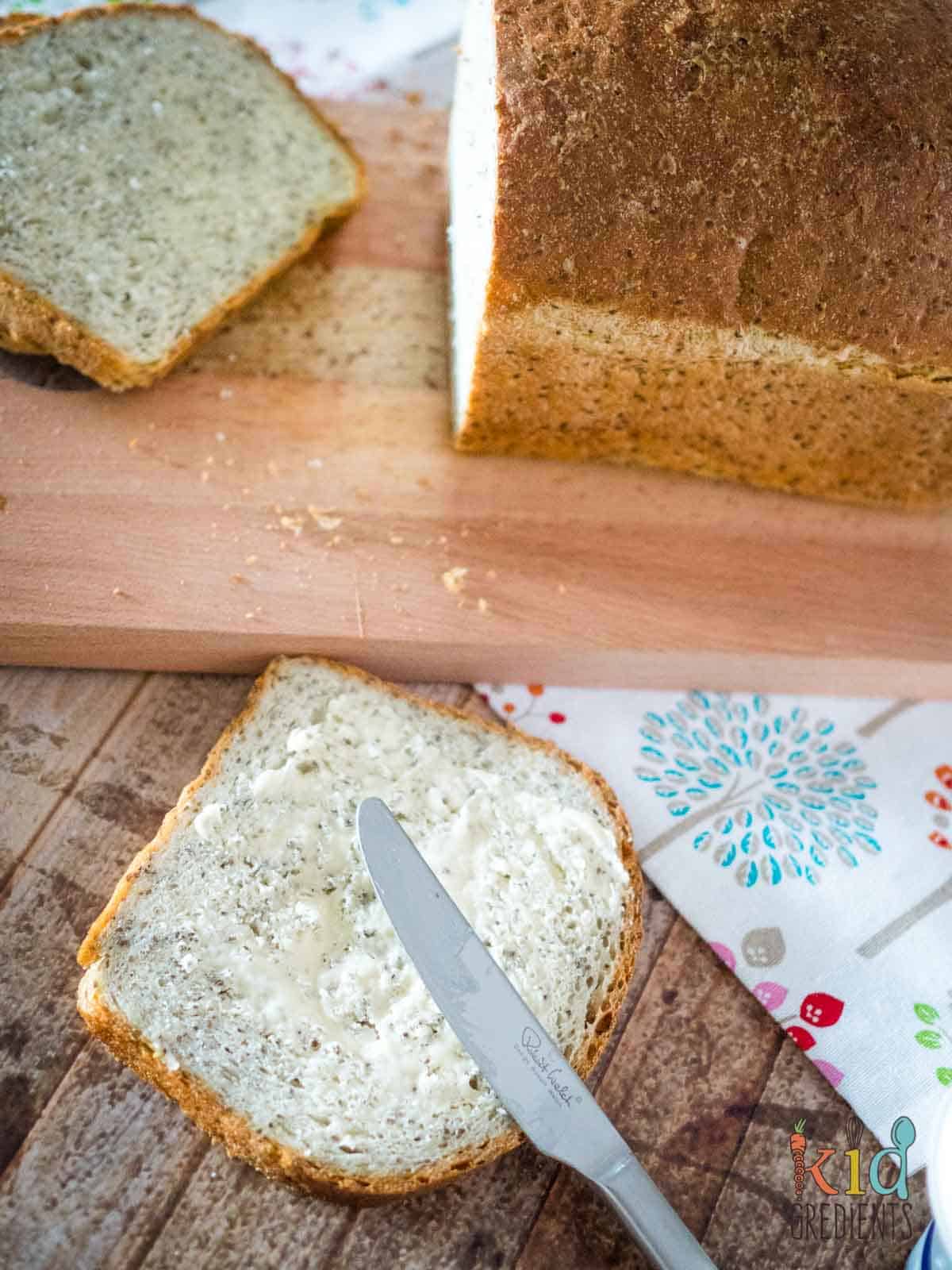 chia seed bread sliced and buttered