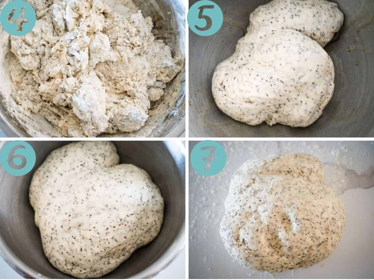 shaggy mix, kneaded dough, doubled dough, dough ready for shaping