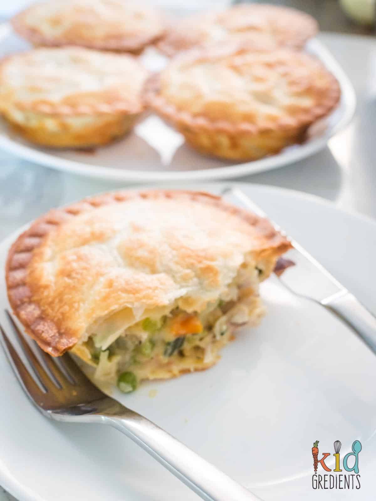 chicken and vegetable pie cut open and ready to eat