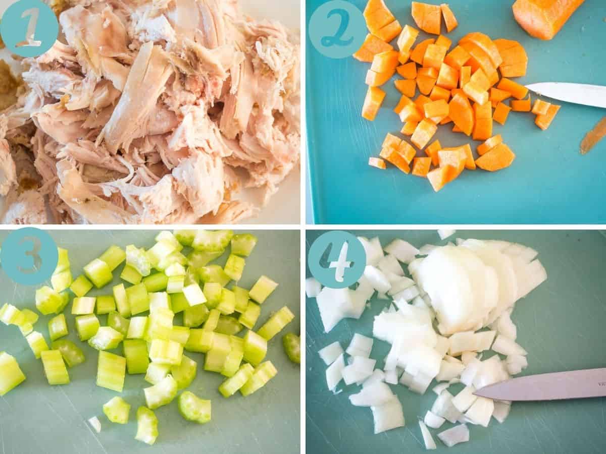shredding chicken, chopping carrots and celery and onions