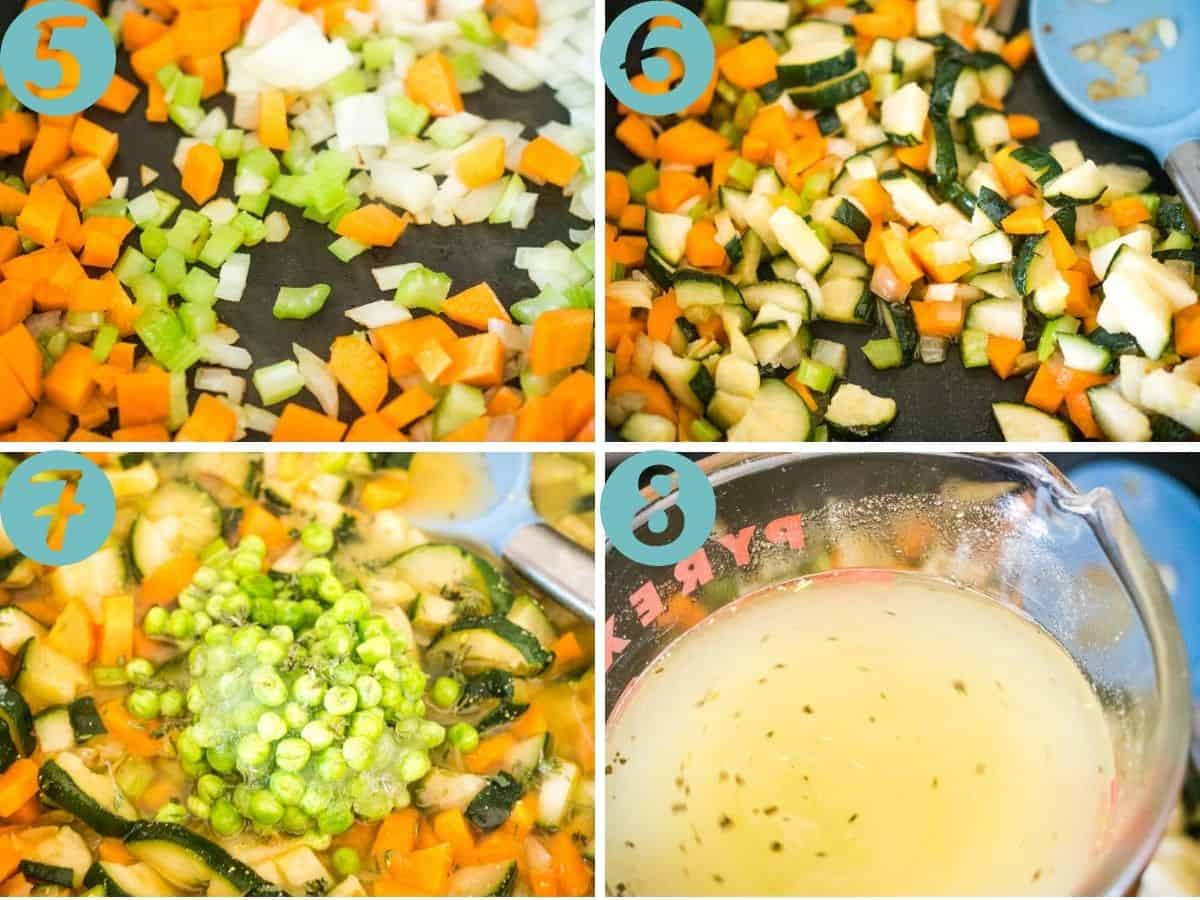 cooking celery and carrot and onion, adding zucchini, adding peas and thyme, adding stock