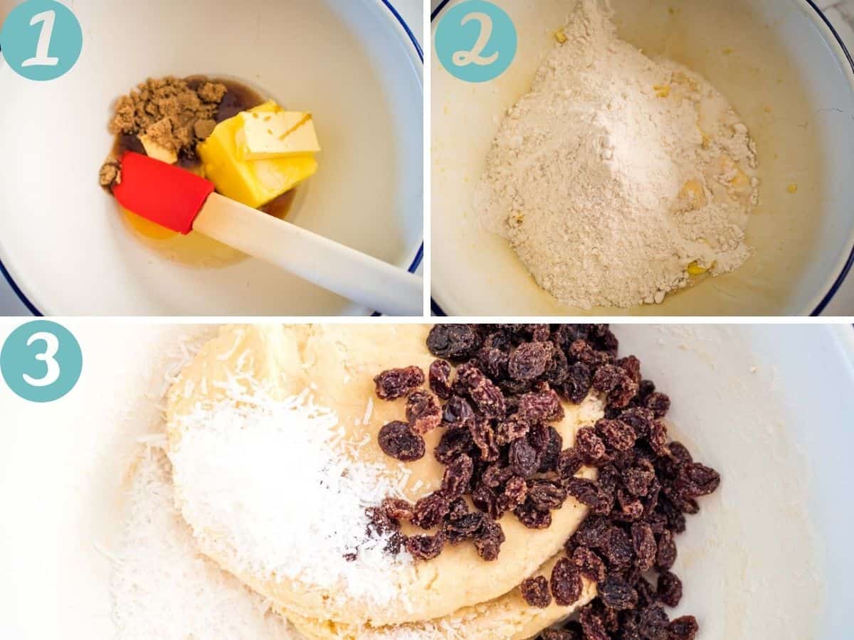 mixing the sugar, butter and vanilla, adding the flour and milk, mixing in the raisins and coconut