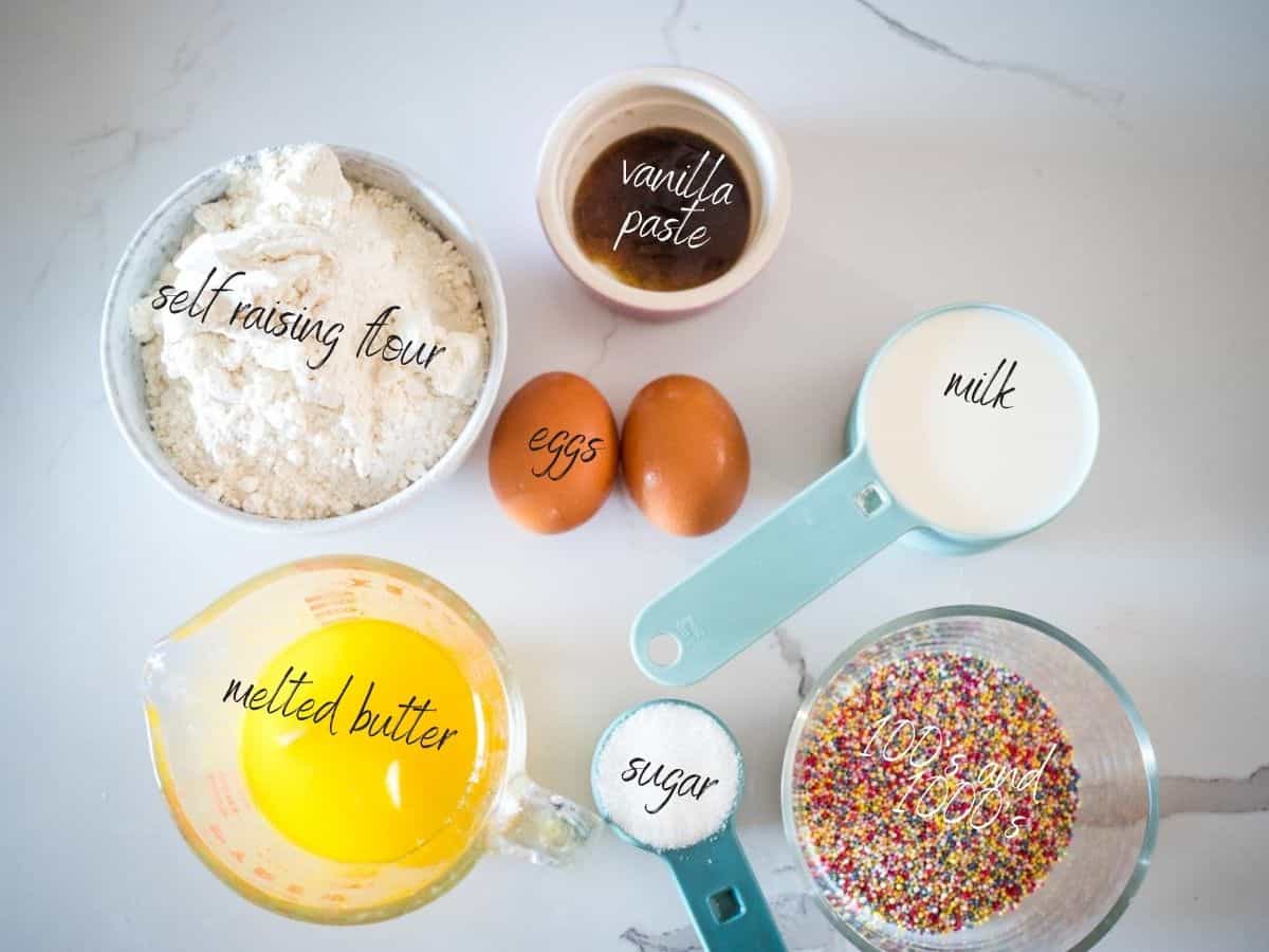 ingredients for funfetti cupcakes: self raising flour, eggs, vanilla paste, milk, sugar, melted butter