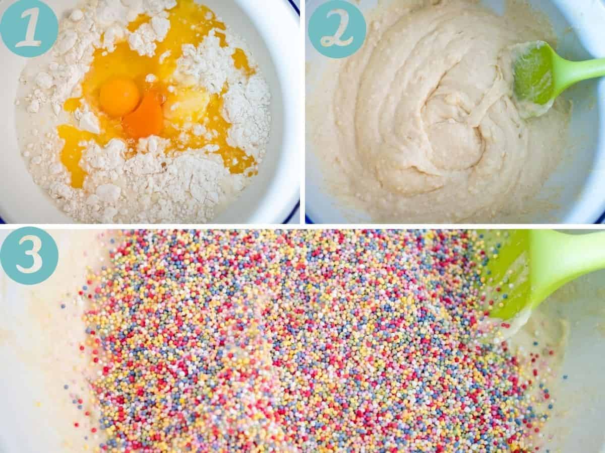 mixing the ingredients, adding the sprinkles