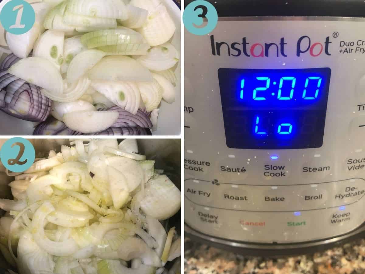 chopped onions, onions in mixed in the slow cooker, turning on the slow cooker