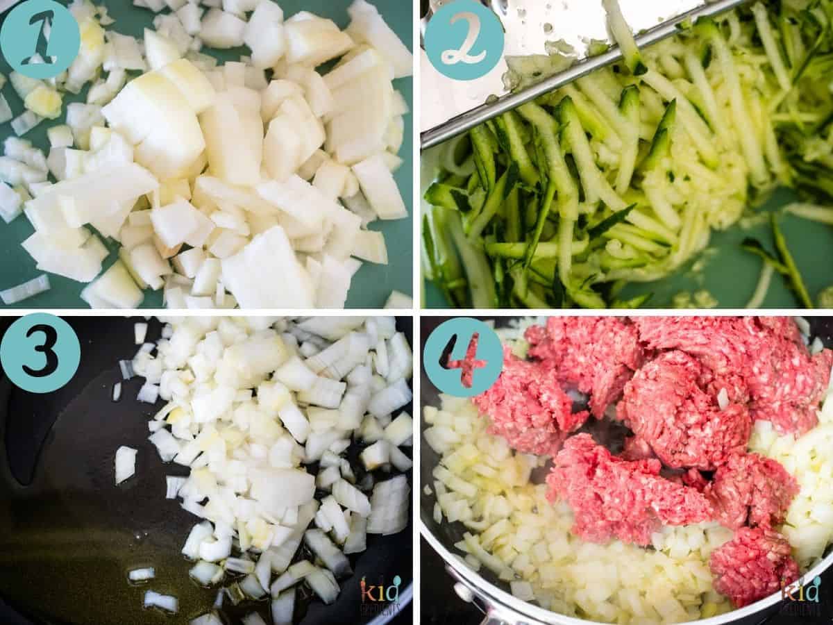 dicing onions, grating zucchini, cooking onions, browning mince