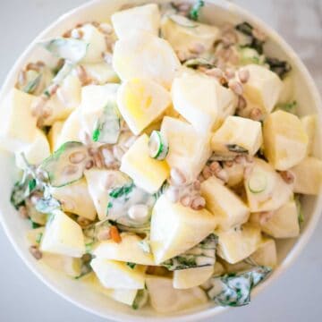 pesto pasta salad in a large bowl