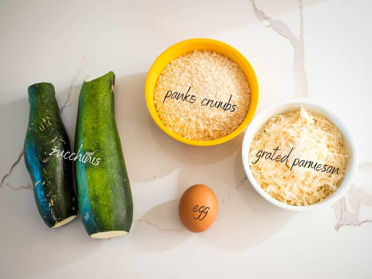ingredients: zucchini, panko crumbs, grated parmesan, and egg