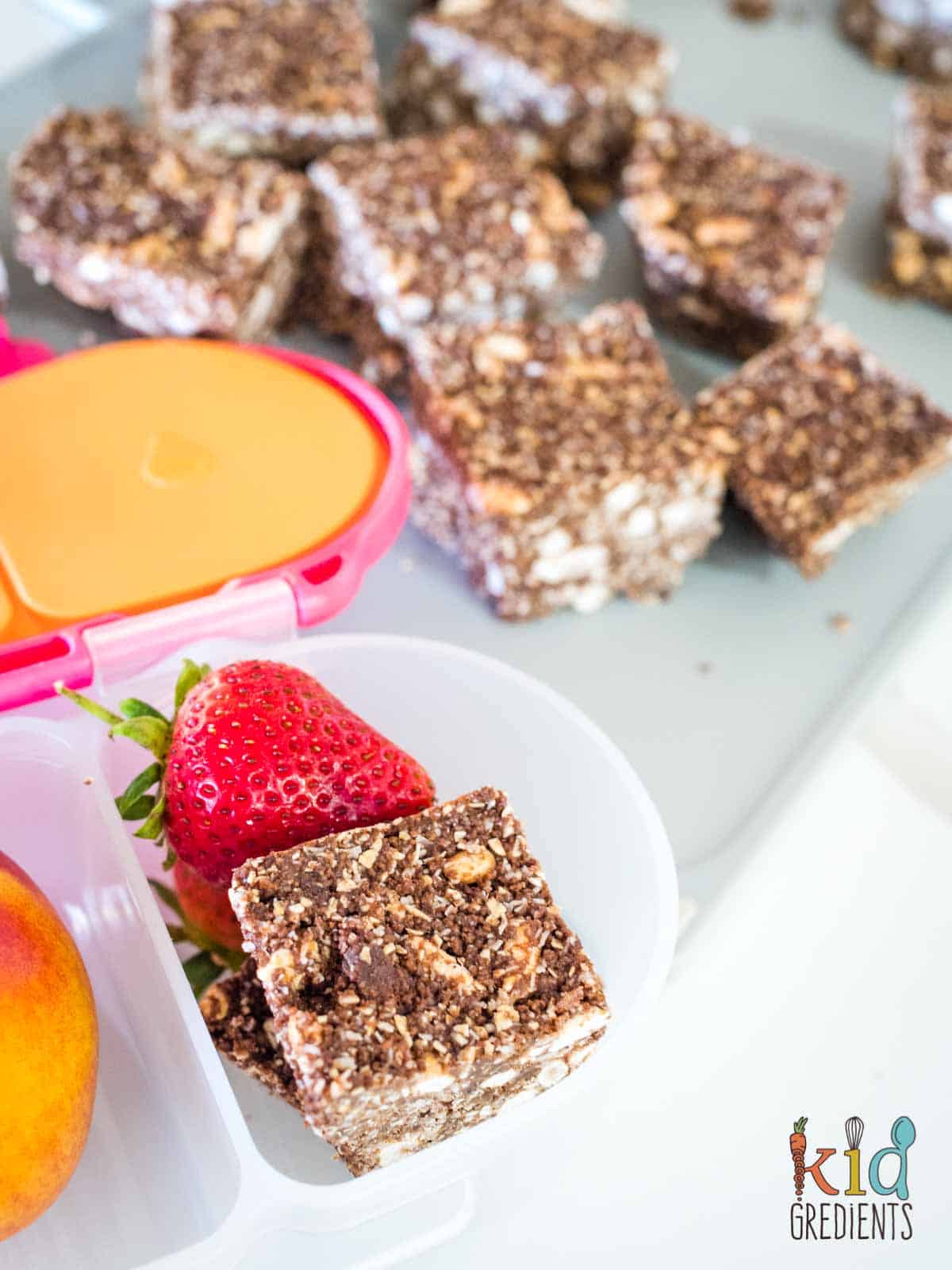 no bake chocolate slice in a snack container