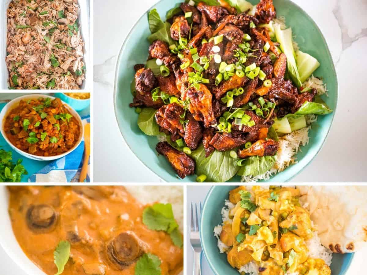 selection of slow cooker family meals: sticky chicken wings, shredded mexican chicken, mango curry, mushrooms curry, moroccan lamb