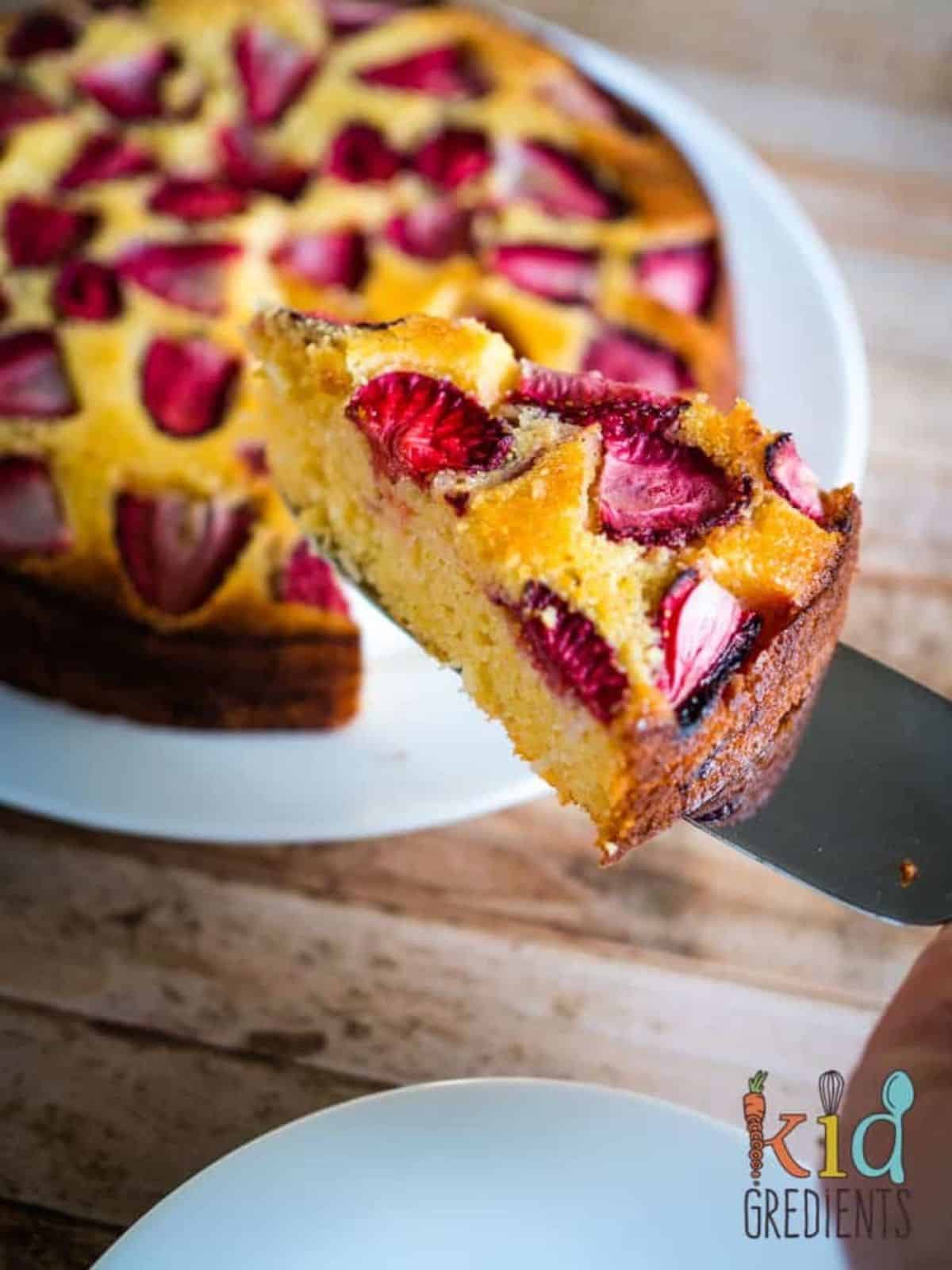 A slice of strawberry and lemon polenta cake on a cake slicer