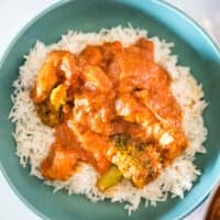 healthier butter chicken in a bowel on a bed of rice