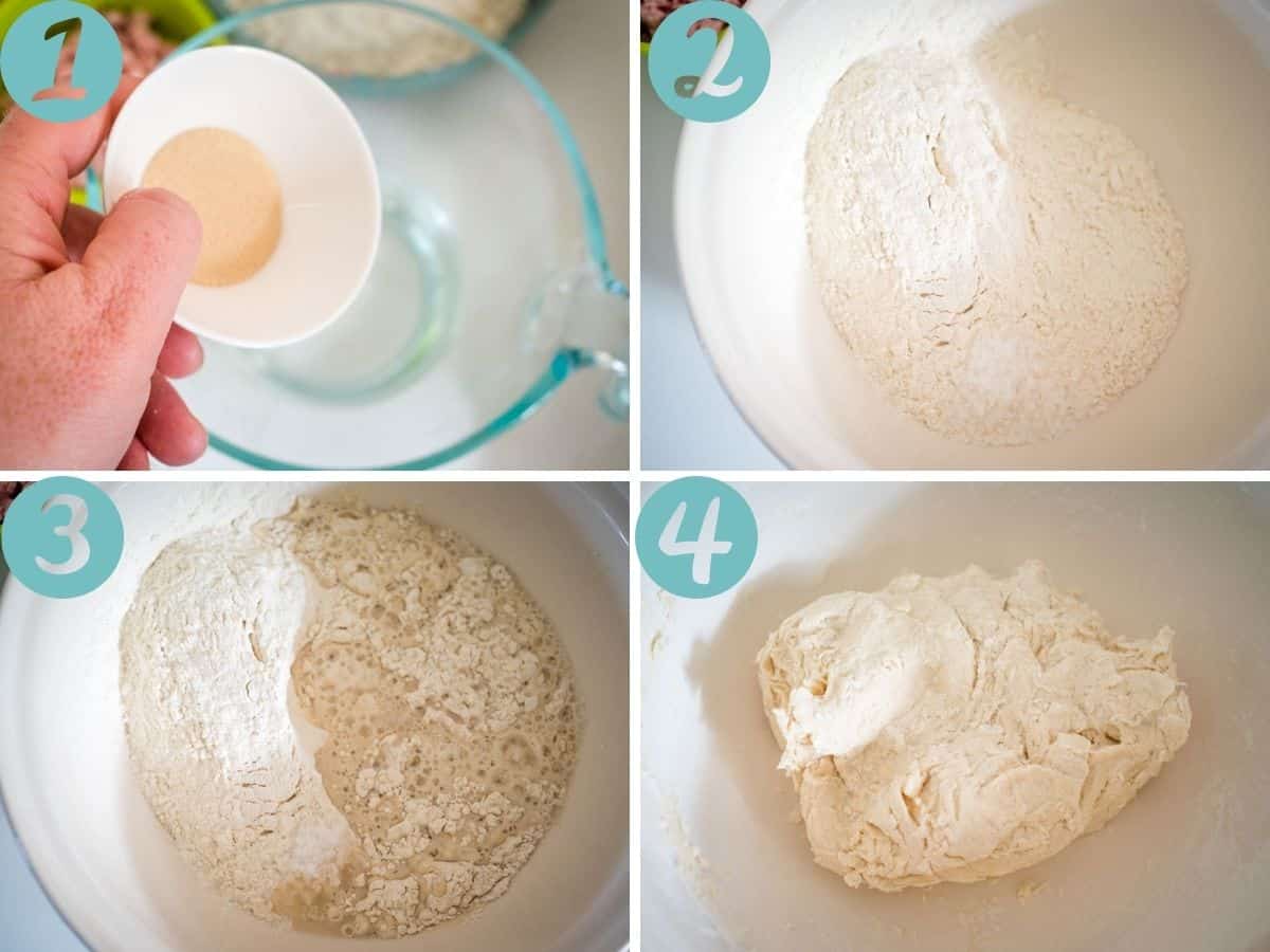 combining yeast and water, combining flour and salt, adding water mix to flour, making a shaggy dough