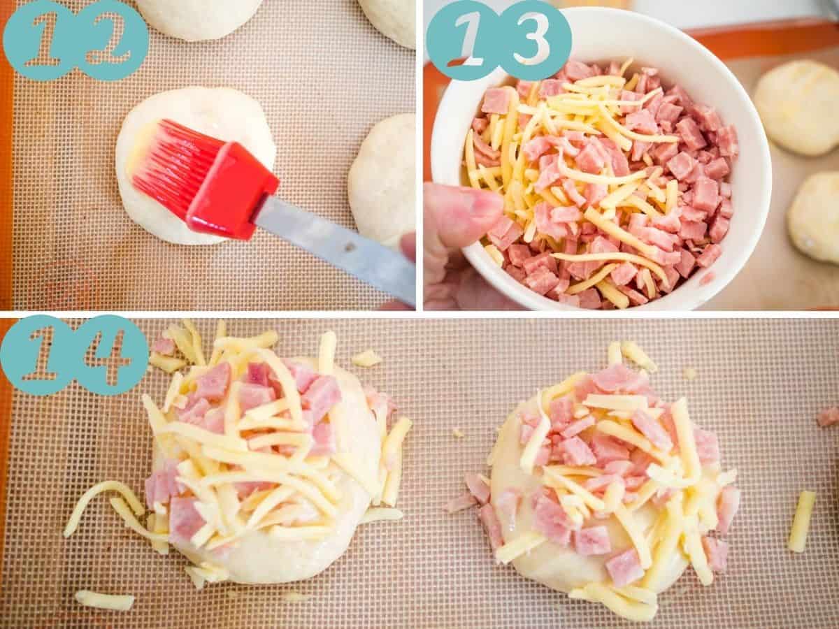 brushing with egg mix, combining cheese and bacon, topping the rolls