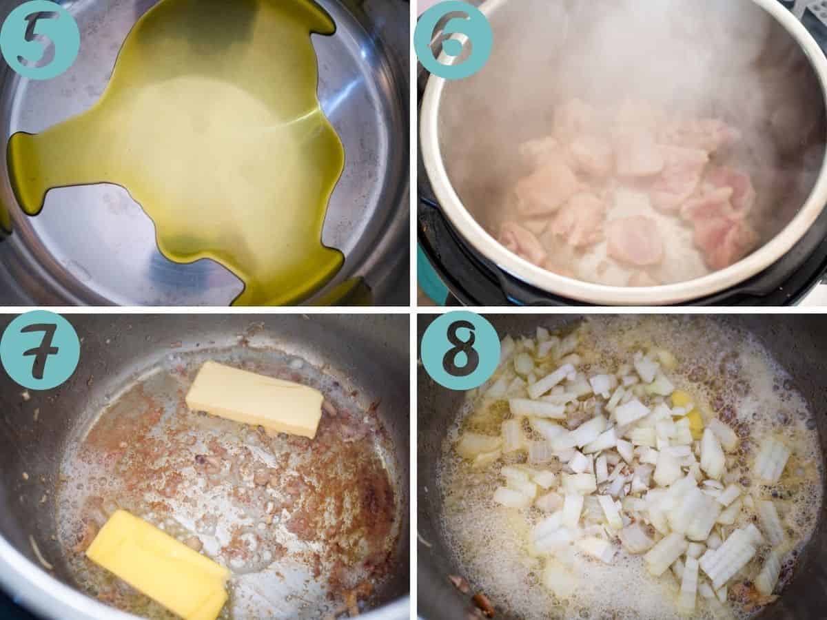 heating oil, cooking chicken. melting butter, frying onions