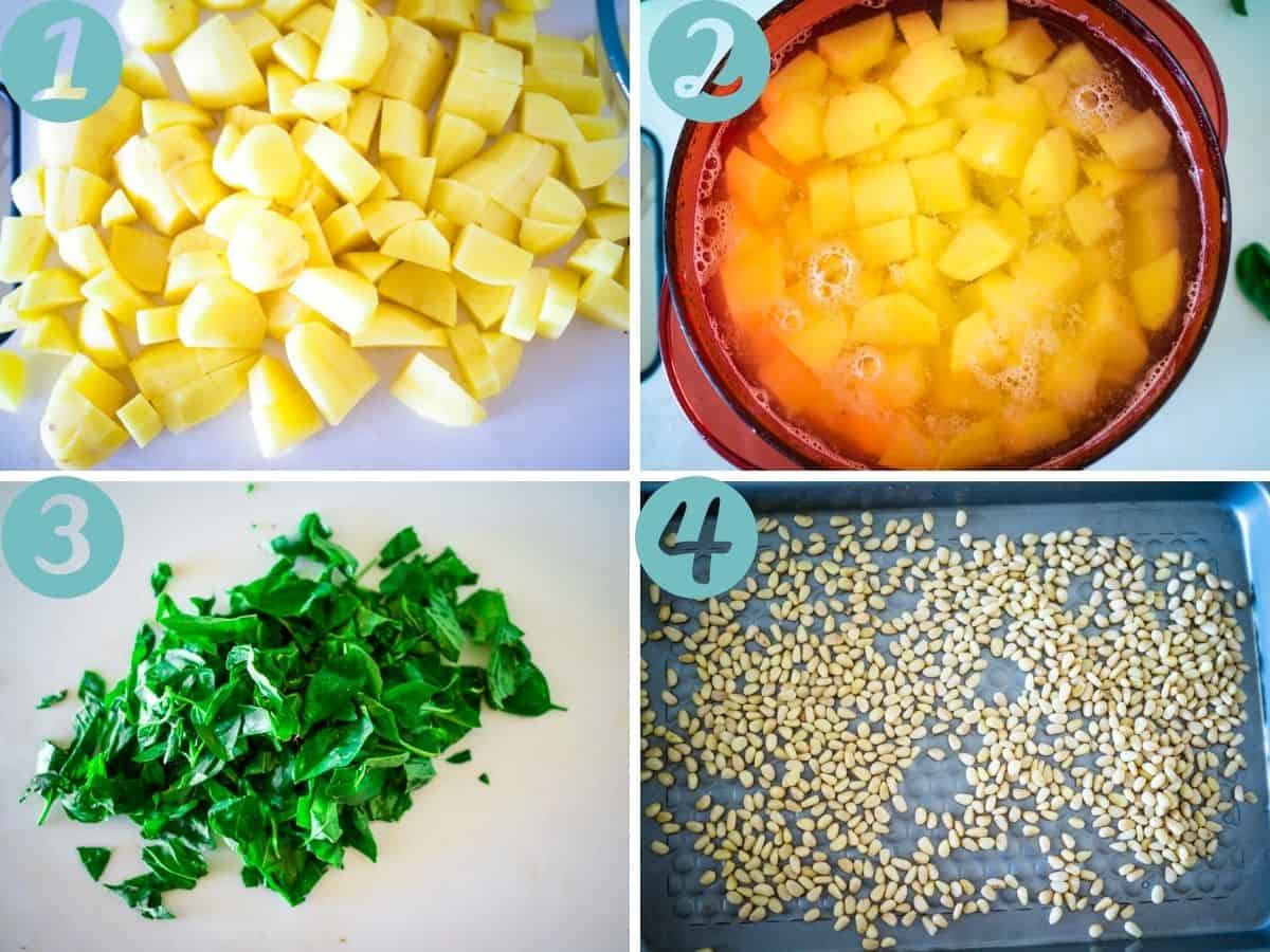 diced and peeled potatoes, cooked potatoes, torn basil, toasting pinenuts