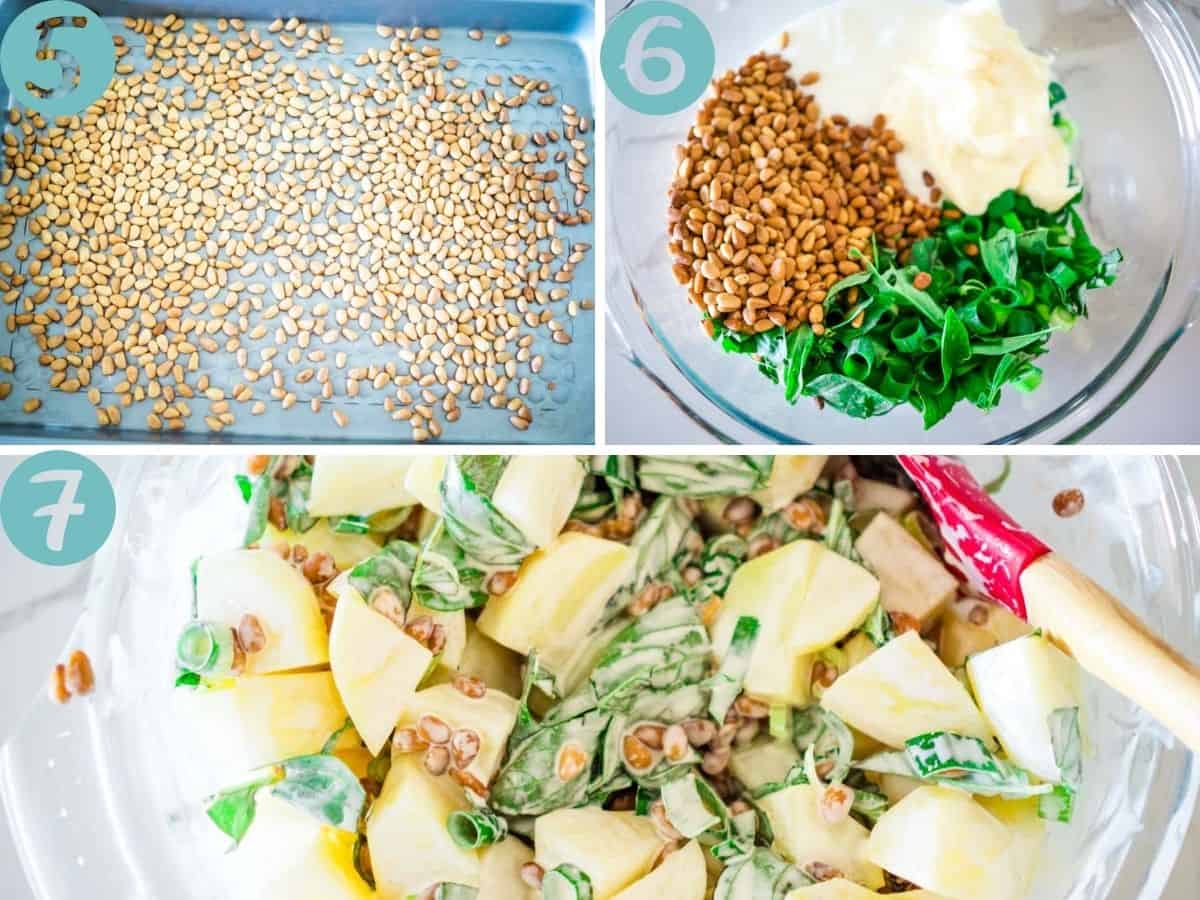 toasted pinenuts, mixing the yoghurt, basil, spring onion, mayonnaise and pinennuts, stirring in the potatoes